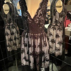 Black Lace Floral V Neck Dress